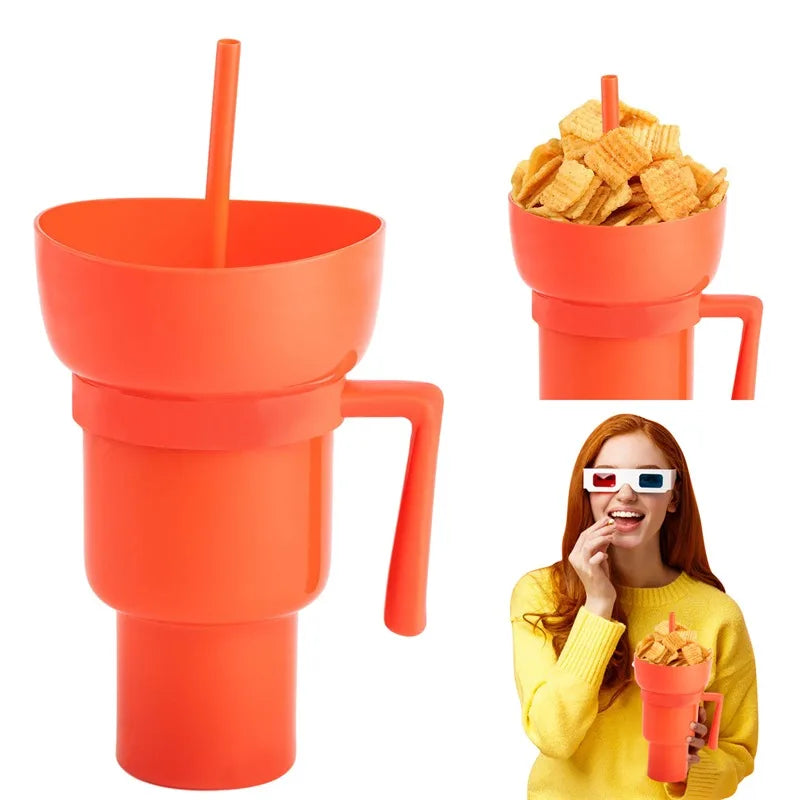 Stadium Tumbler Popcorn Drink Cola Cup 2 in 1 Snackies Cup Portable Splash Snack Bowl Chicken Storage Bowl with Handle Straw Cup