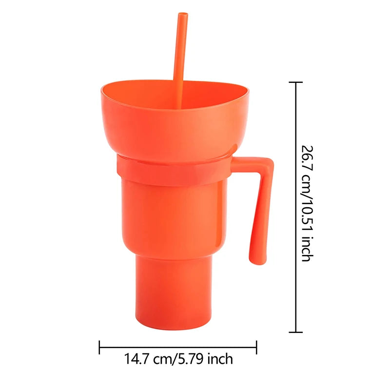 Stadium Tumbler Popcorn Drink Cola Cup 2 in 1 Snackies Cup Portable Splash Snack Bowl Chicken Storage Bowl with Handle Straw Cup