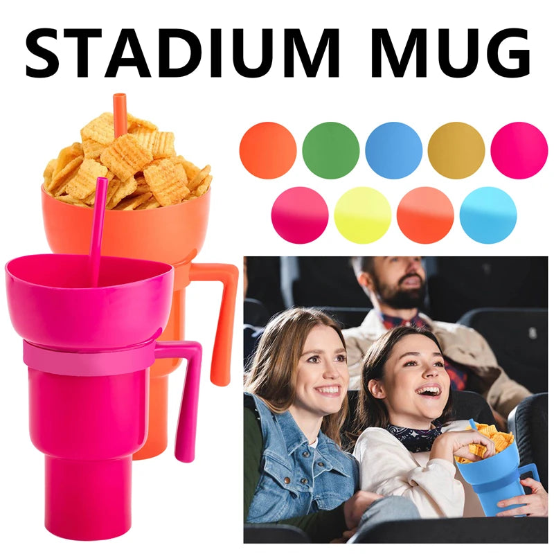Stadium Tumbler Popcorn Drink Cola Cup 2 in 1 Snackies Cup Portable Splash Snack Bowl Chicken Storage Bowl with Handle Straw Cup