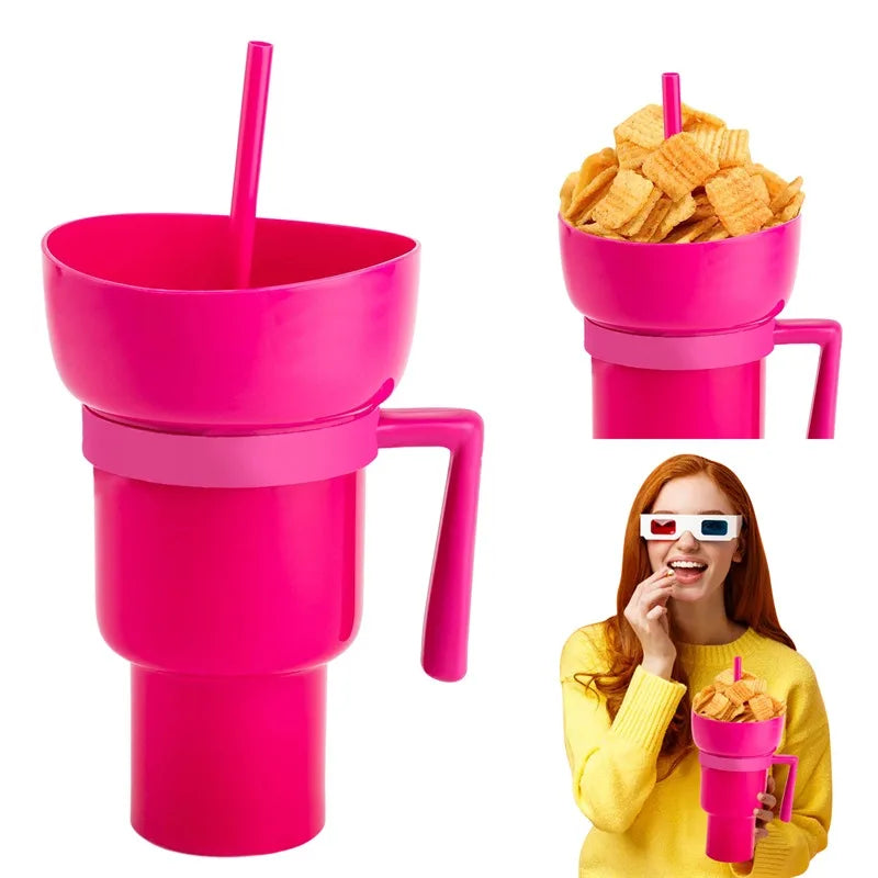Stadium Tumbler Popcorn Drink Cola Cup 2 in 1 Snackies Cup Portable Splash Snack Bowl Chicken Storage Bowl with Handle Straw Cup