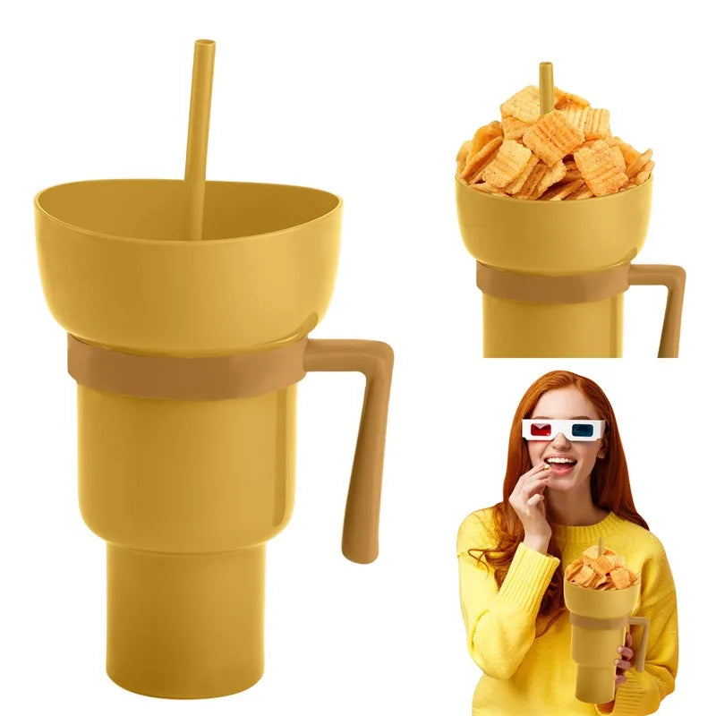 Stadium Tumbler Popcorn Drink Cola Cup 2 in 1 Snackies Cup Portable Splash Snack Bowl Chicken Storage Bowl with Handle Straw Cup