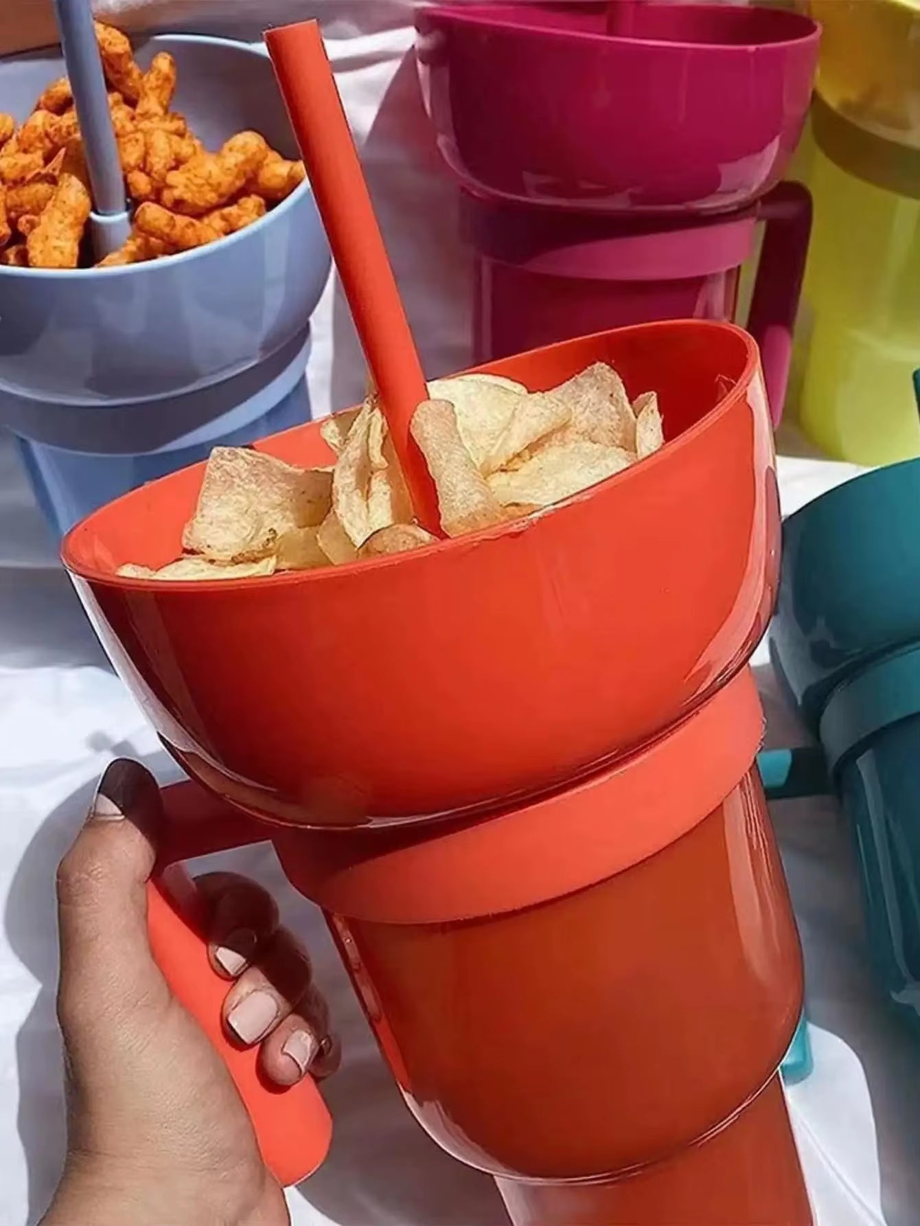New 2 in 1 Creative Popcorn Snack Cup Integrated Beverage Cup with Handle Portable Beverage Cup Novel Design and Many Functions