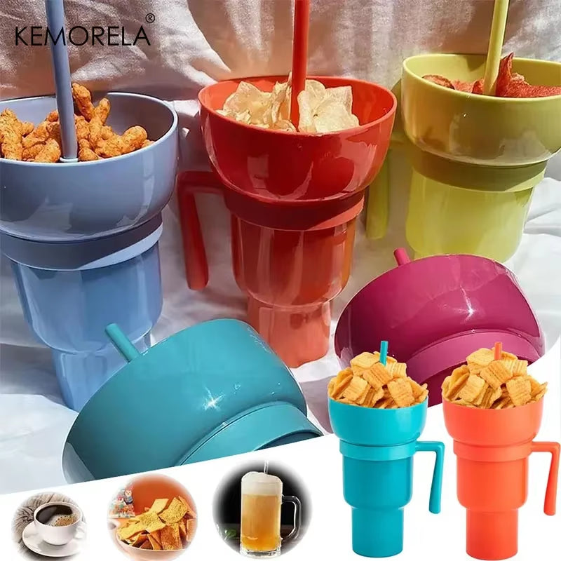 New 2 in 1 Creative Popcorn Snack Cup Integrated Beverage Cup with Handle Portable Beverage Cup Novel Design and Many Functions